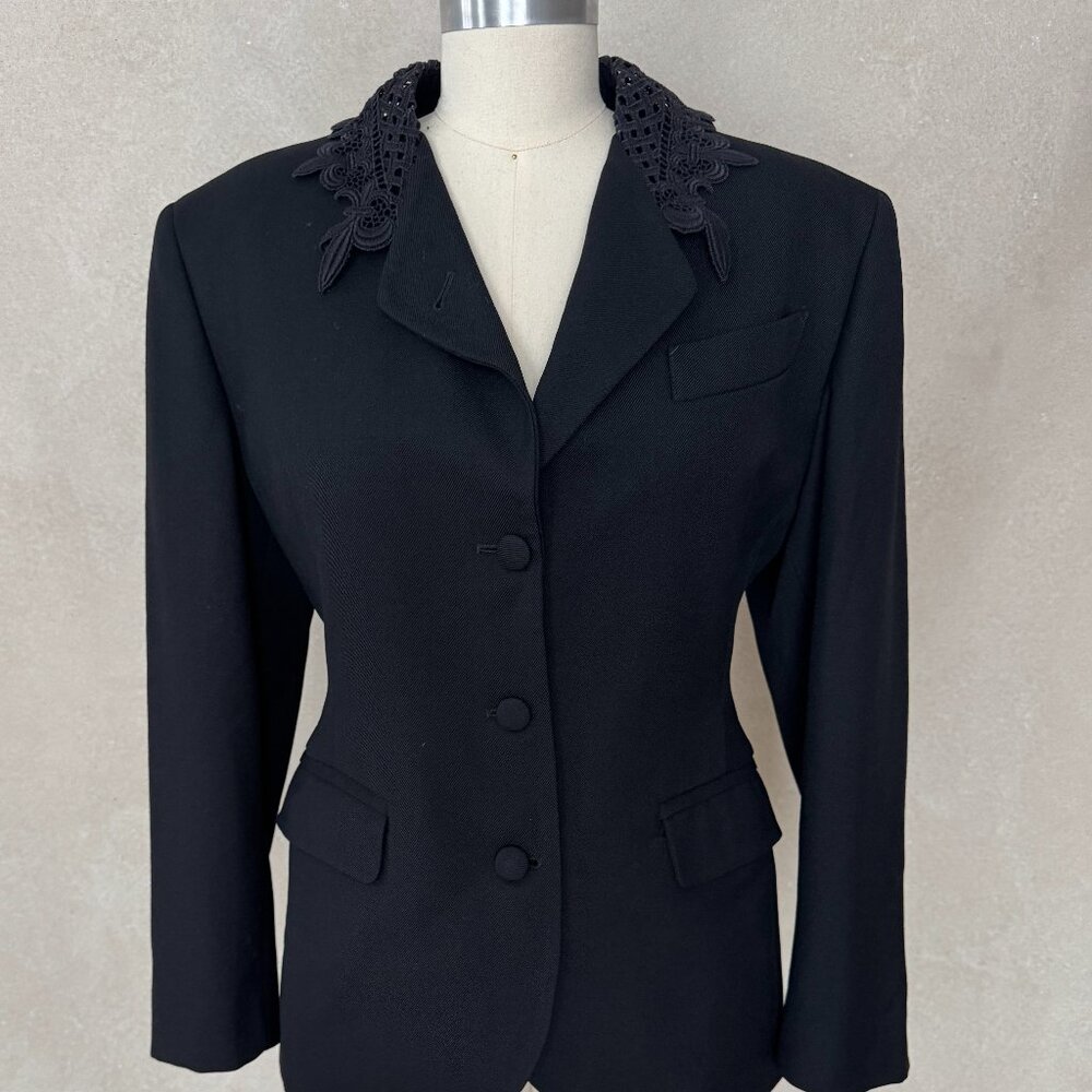 Vintage 1990s Jean Paul Gaultier Femme Black Jacket w Lace Fleur-de-Lis Collar